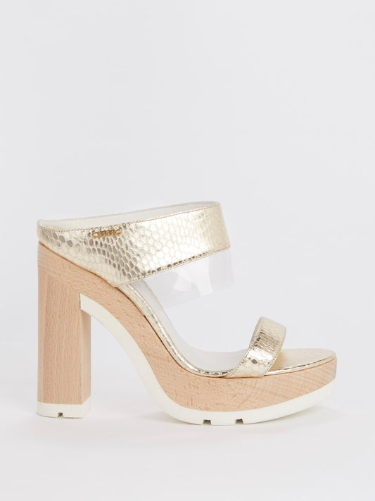 Gold Snake Effect Block-Heel Sandals