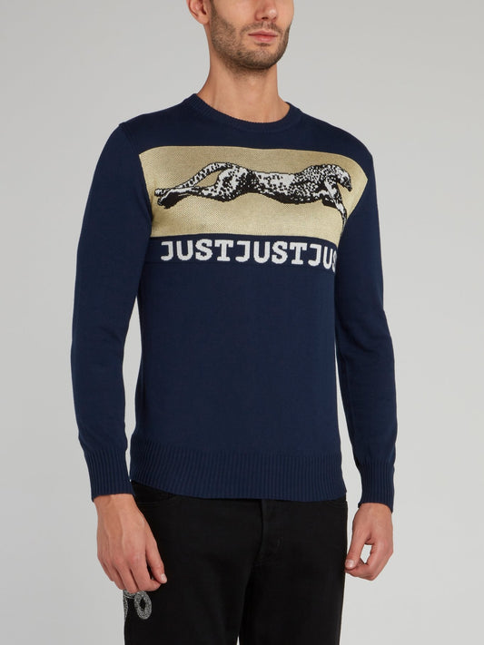 Navy Leopard Logo Crewneck Pullover