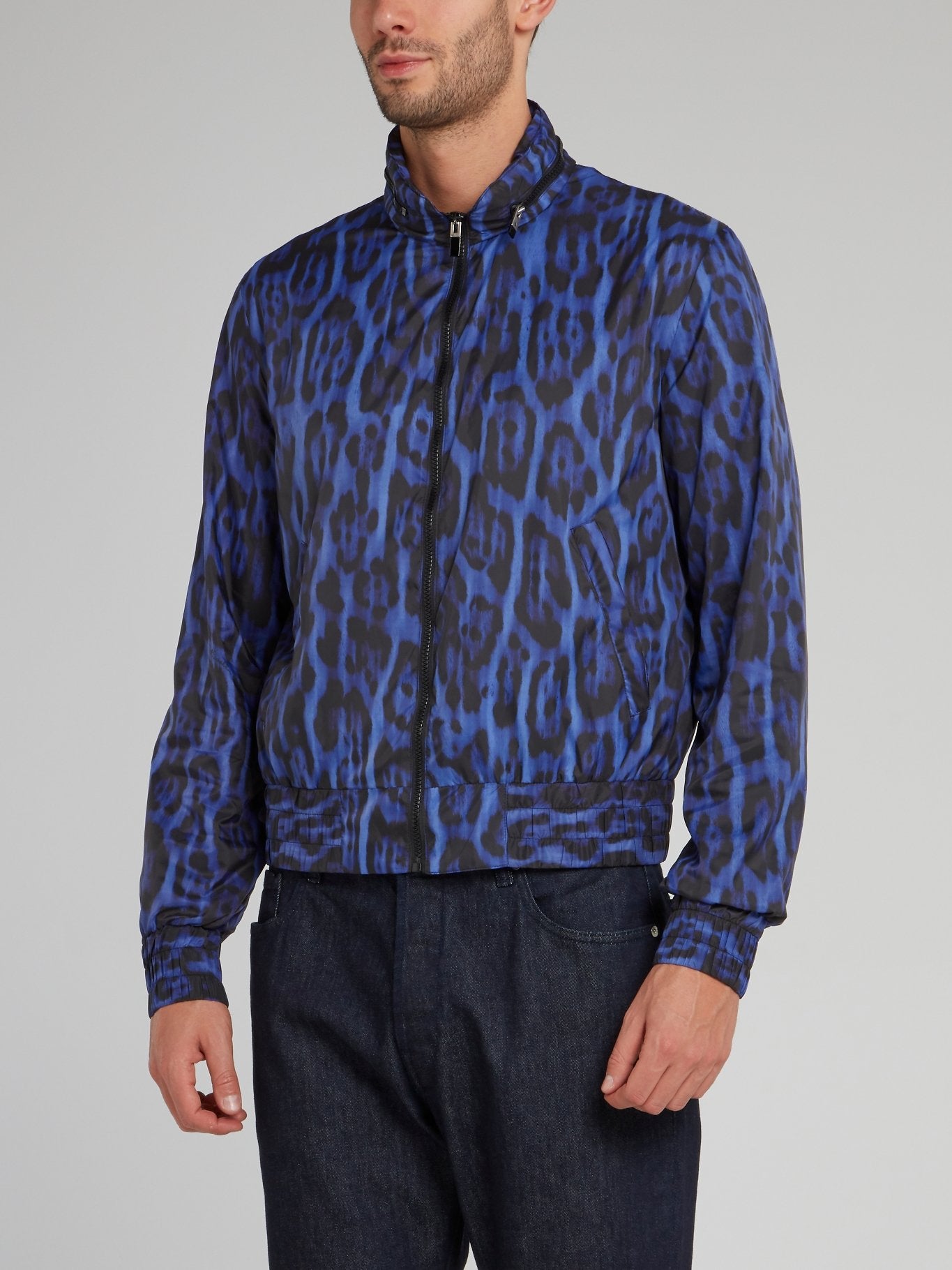 Blue Leopard Print Jacquard Zip Up Jacket