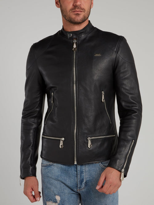 Black Clasp Neck Leather Moto Jacket