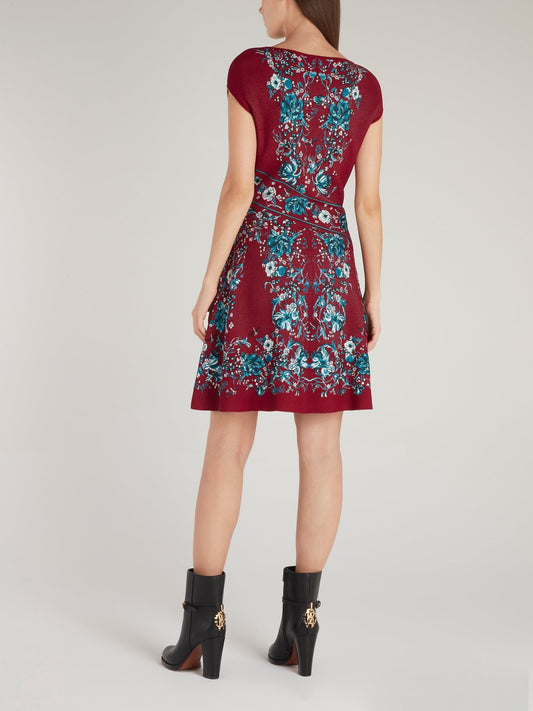 Burgundy Ribbed Floral Mini Dress