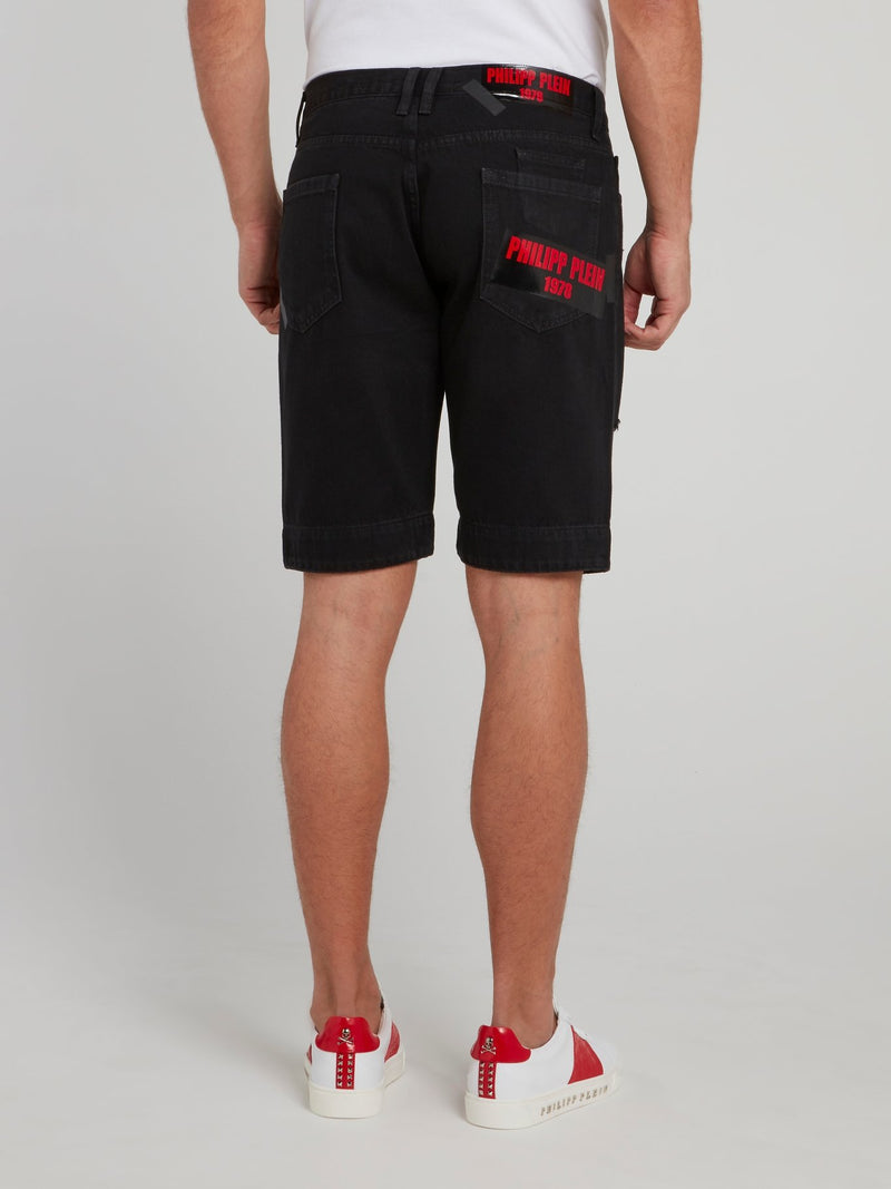 Black Distressed Logo Patch Bermudas