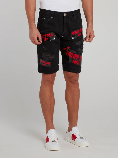 Black Distressed Logo Patch Bermudas