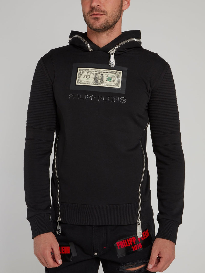 Zipper Embellished Dollar Hooded Sweatshirt