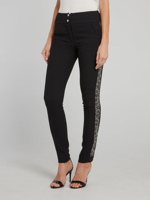 Black Studded Leopard Effect Side Stripe Pants