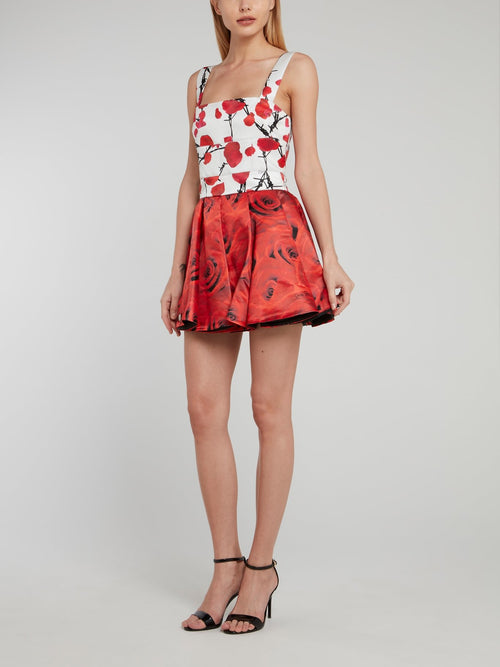 White Bodice Rose Print Pleated Dress