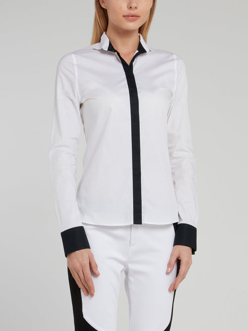 White Contrast Cuff Long Sleeve Shirt