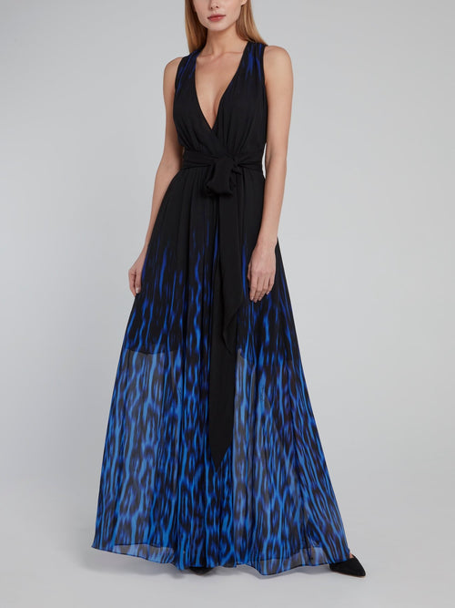 Two Tone Leopard Print Surplice Maxi Dress