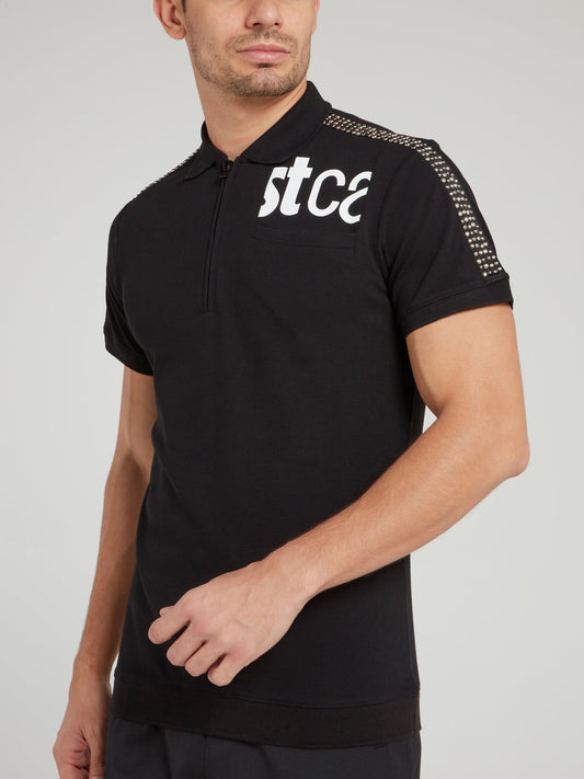 Black Shoulder Studded Logo Polo Shirt