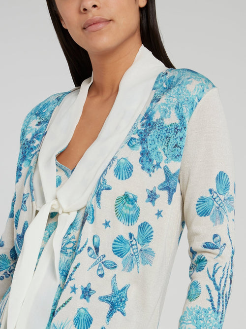 Ocean Print Tie Front Knitted Cardigan