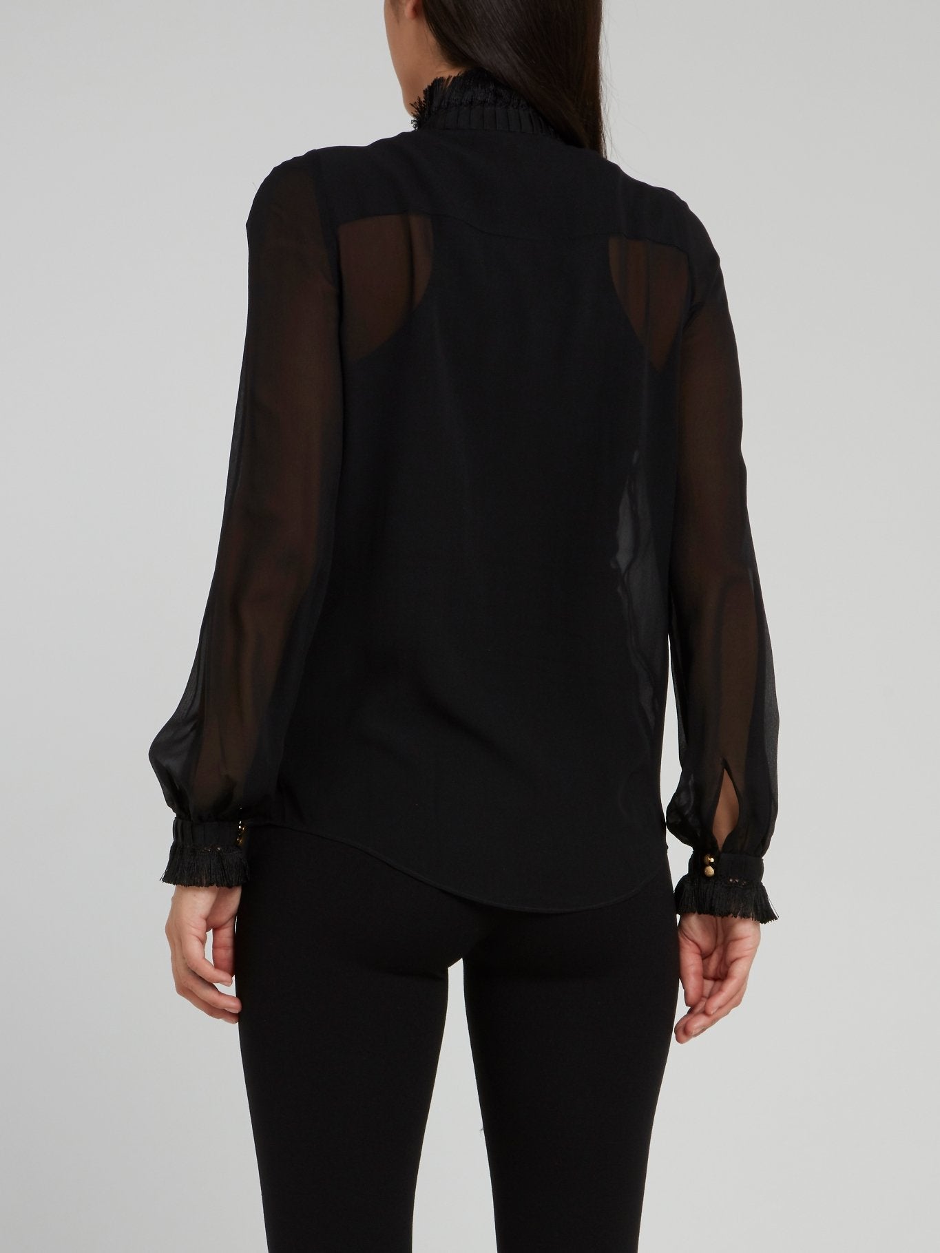 Black Bishop Sleeve Frayed Mesh Top