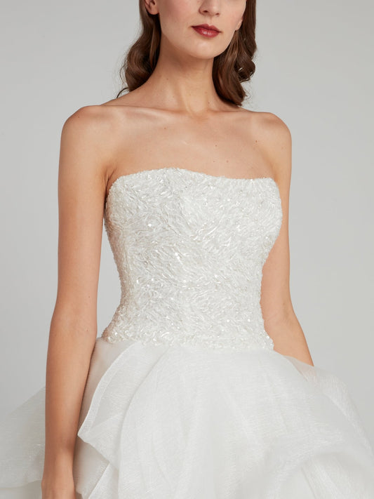 White Sequin Embellished Tiered Bridal Gown