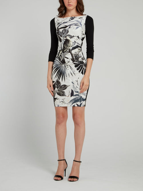 Black Flora and Fauna Three Quarter Sleeve Dress