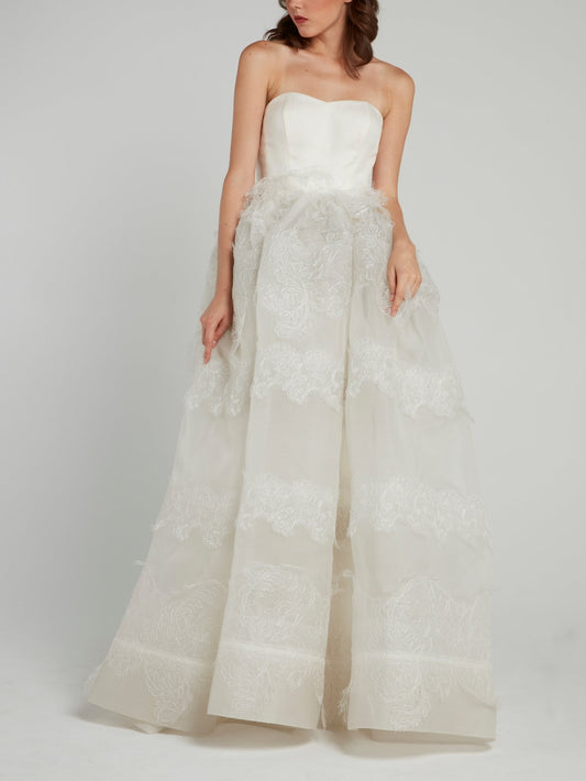 White Lace Overlay Strapless Bridal Gown