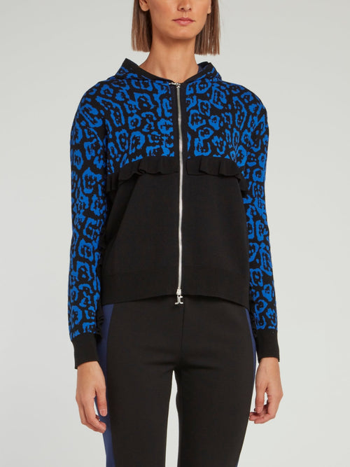 Black and Blue Mid Frill Leopard Panel Hooded Sweatshirt
