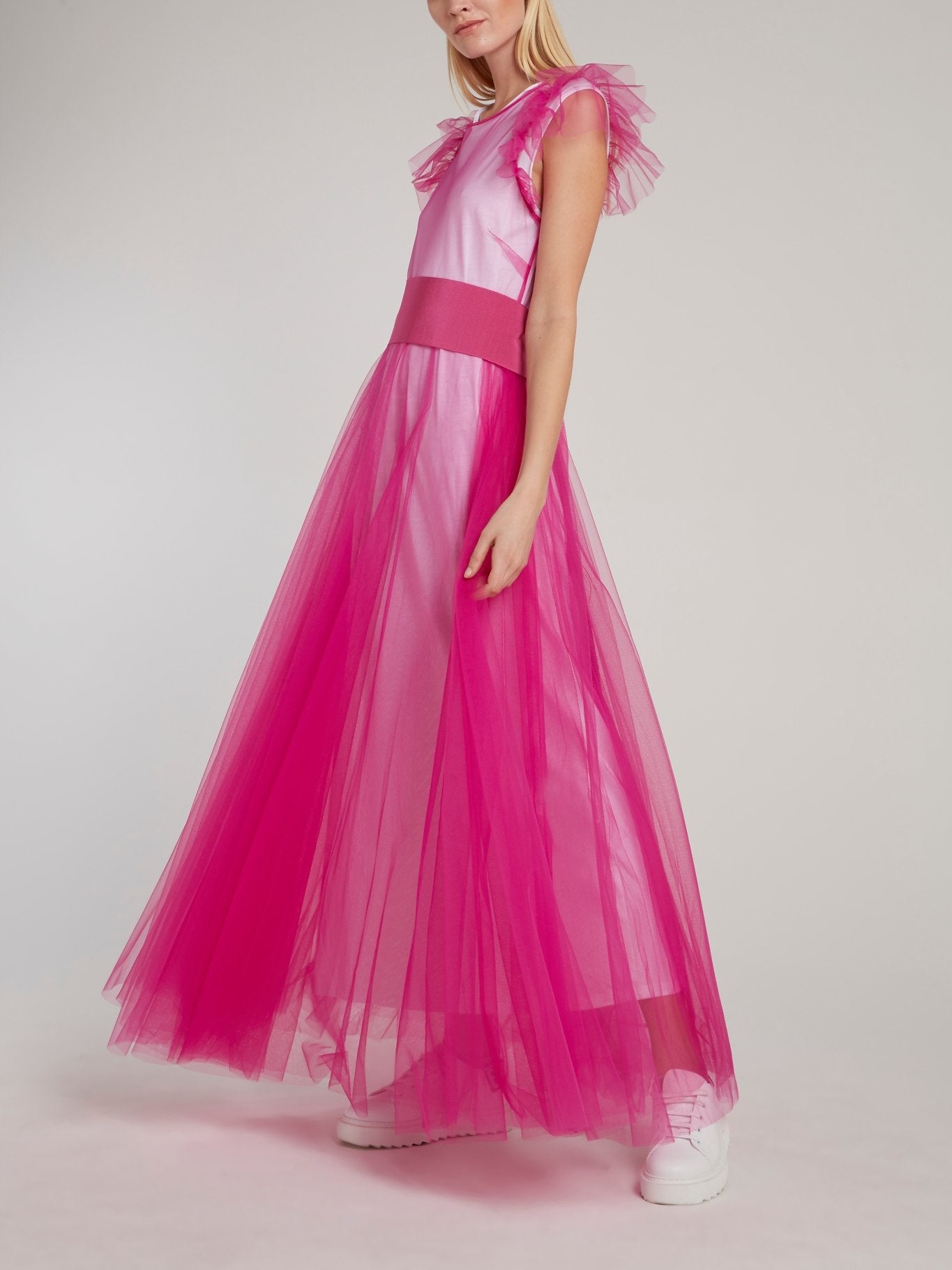 Pink Cap Sleeve Tulle Maxi Dress