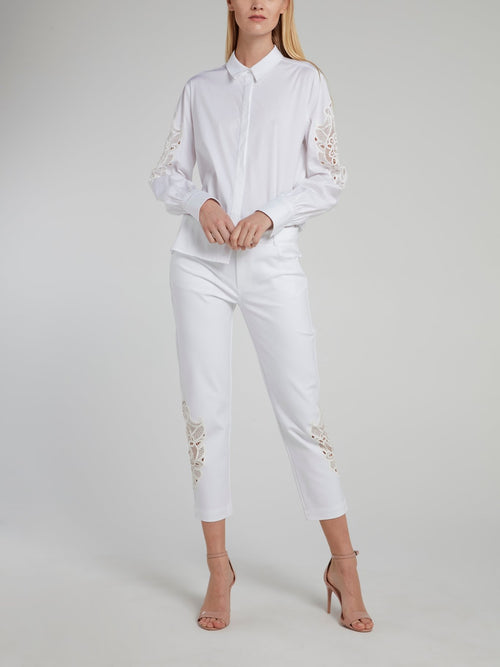 White Lace Panel Bishop Sleeve Shirt