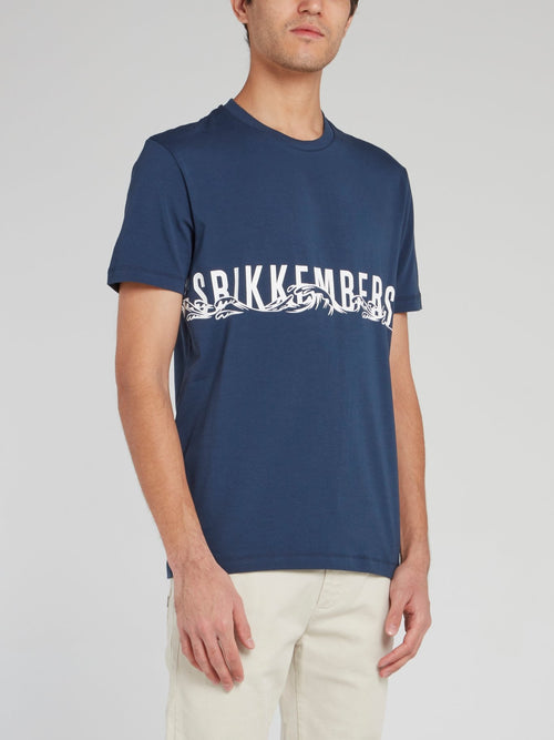 Navy Logo Crewneck Cotton T-Shirt
