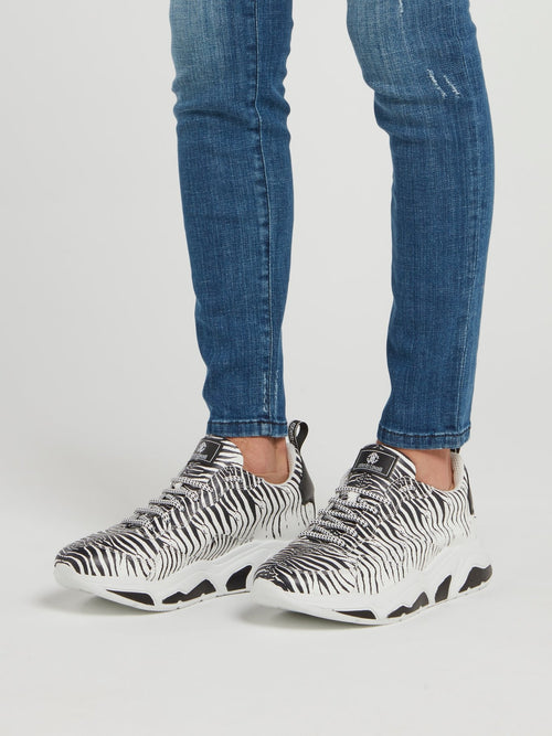 White Zebra Print Lace Up Sneakers