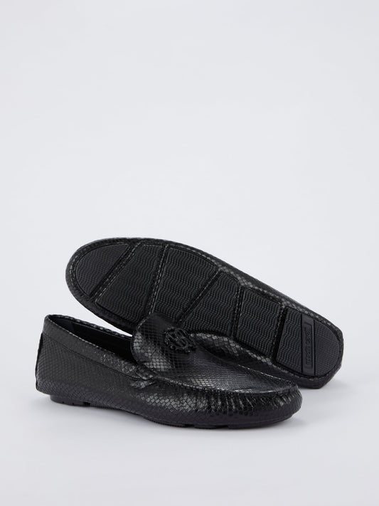 Black Snake Effect Leather Loafers