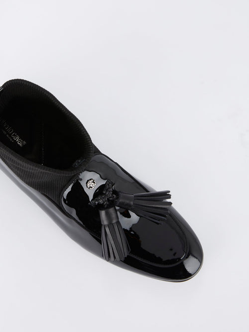 Black Sock Insert Patent Leather Tassel Loafers