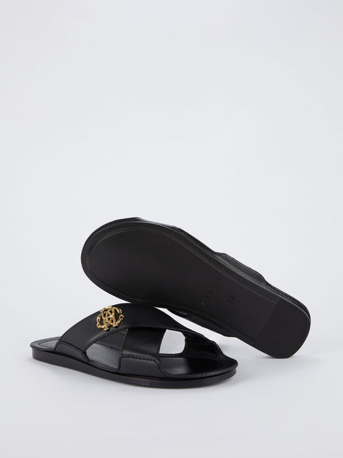 Black Logo Crossover Slide Sandals