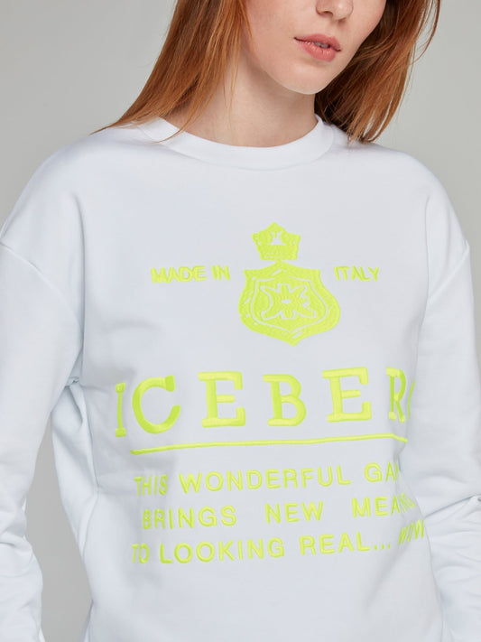 White with Neon Logo Embroidered Sweatshirt