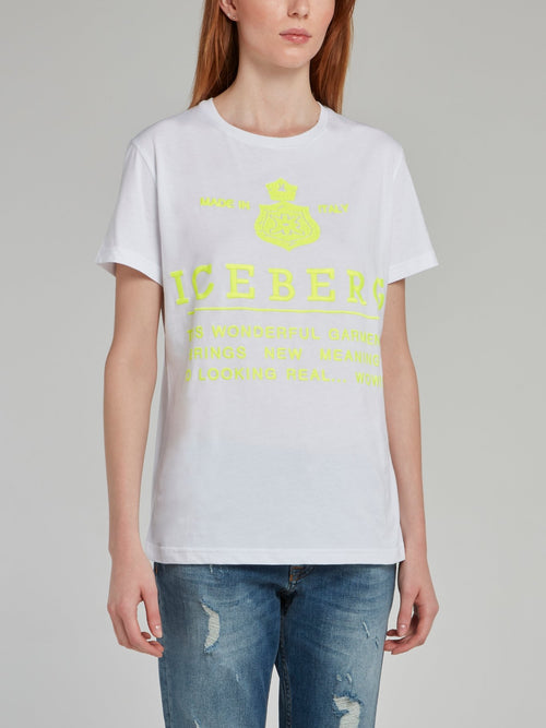 White with Neon Logo Embroidered T-Shirt