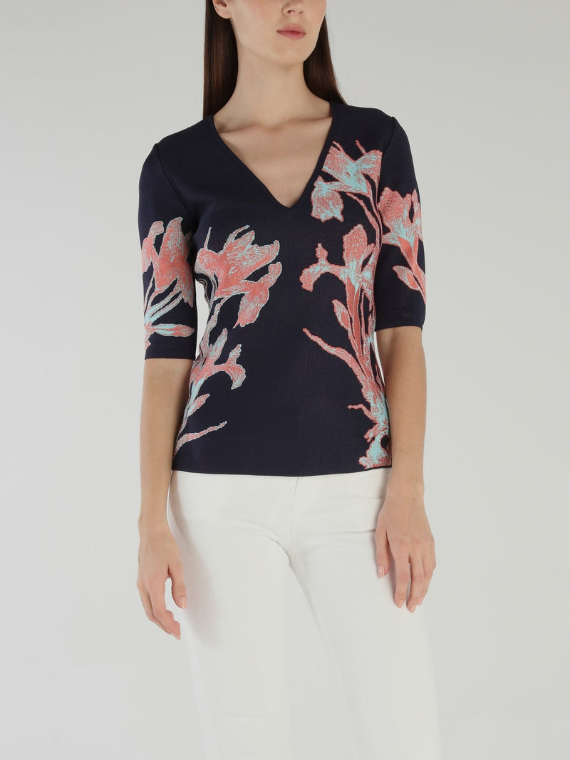 Navy Floral V-Neck Knit Top