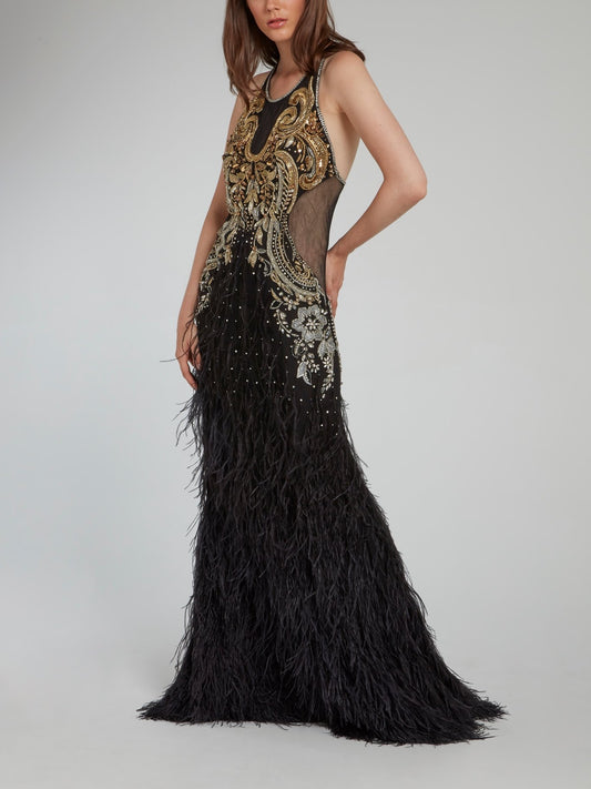 Baroque Embellished Feather Detailed Maxi Dress