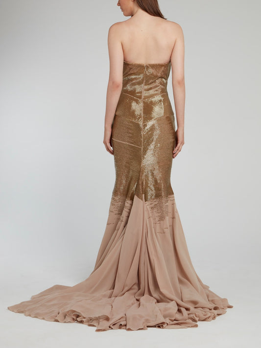 Brown Beaded Strapless Mermaid Gown