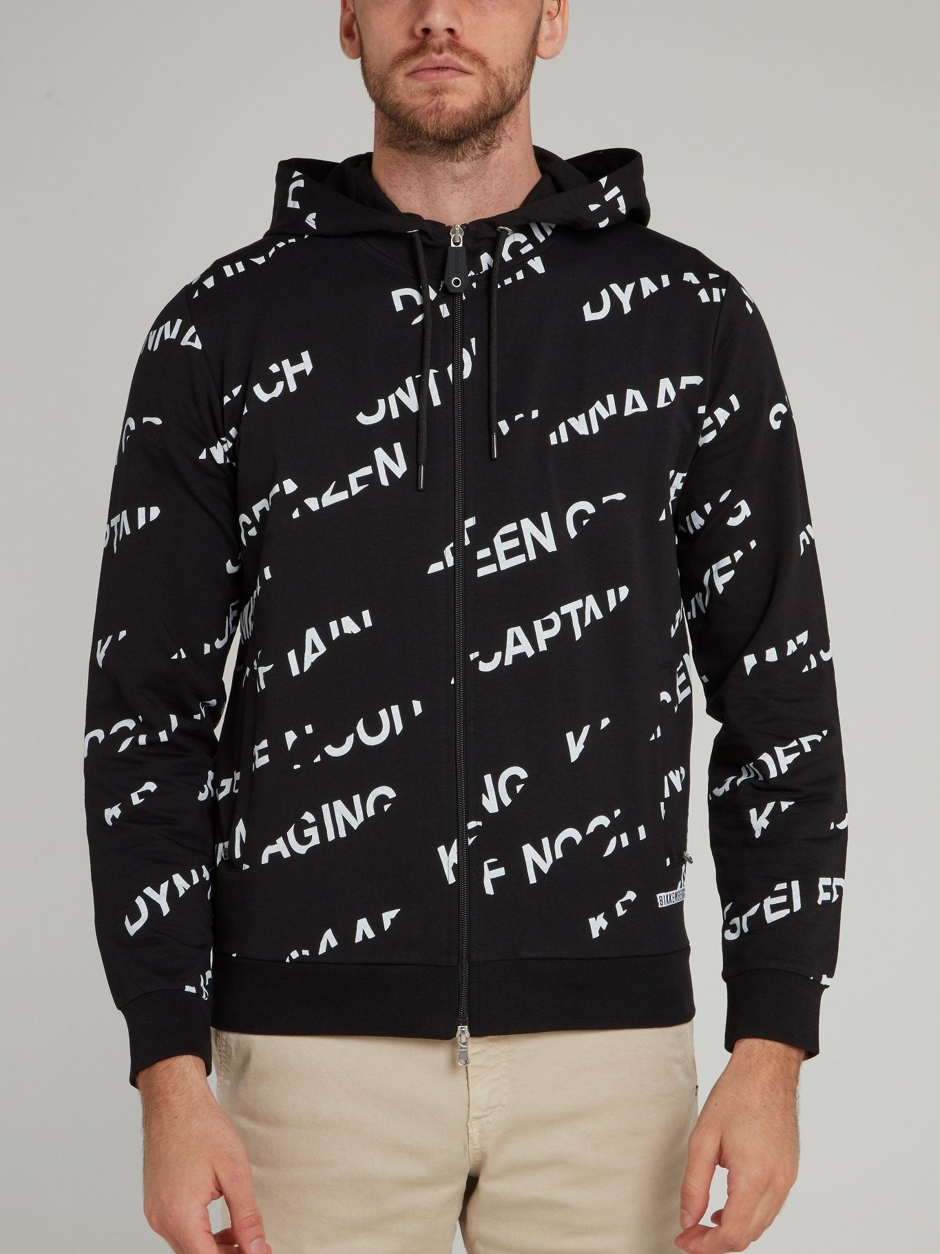 Black Monogram Print Hooded Jacket