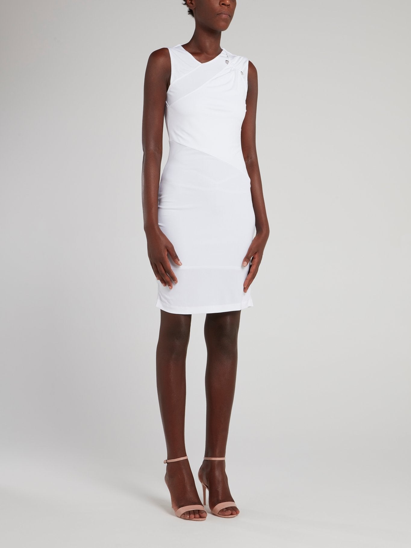 White Ruched Shoulder Sheath Dress