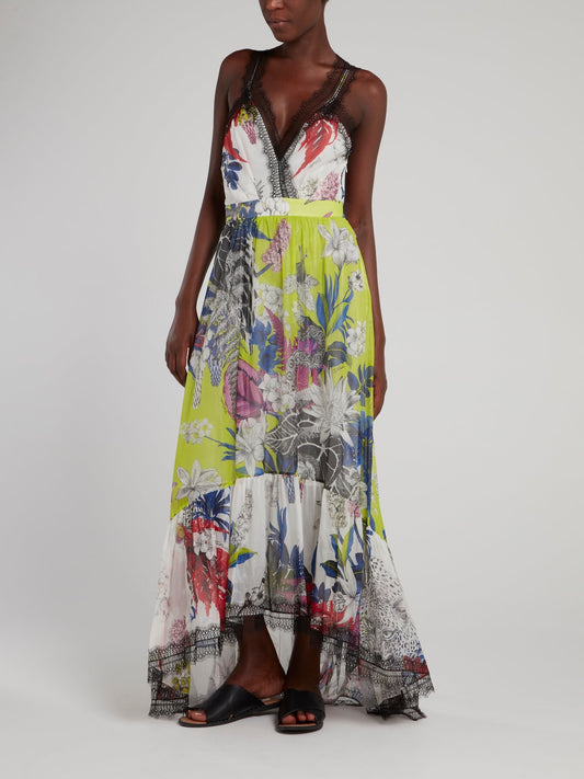 Green Lace Edge Tropical Maxi Dress