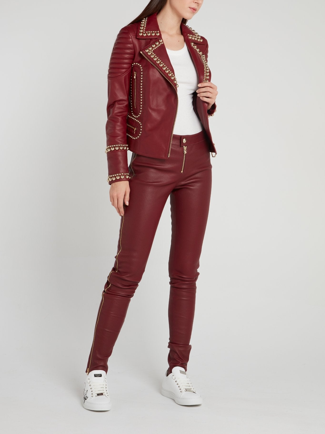 Denetra Embellished Leather Biker Jacket