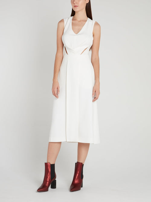 White Cut Out Pleated Midi Dress