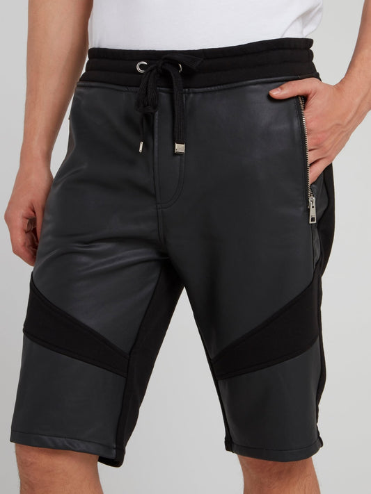 Black Drawstring Leather Panel Shorts