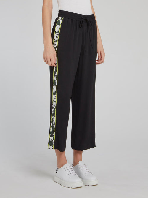 Black Floral Side Stripe Trapeze Pants