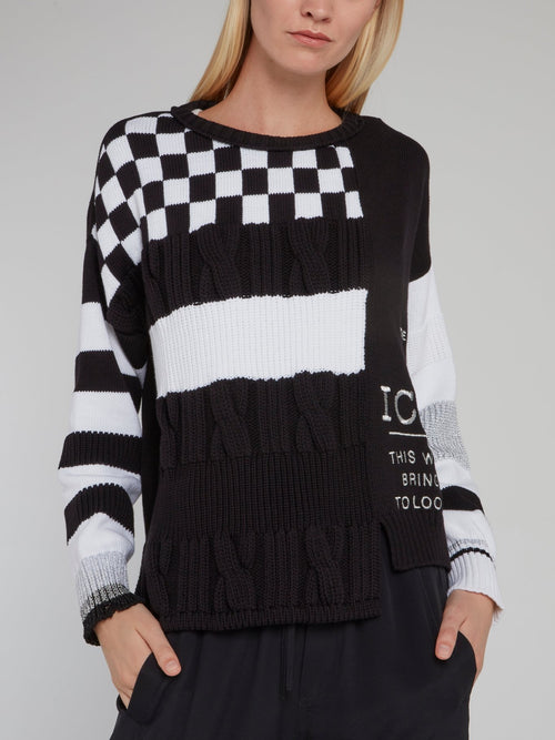 Black Check Panel Knitted Sweater