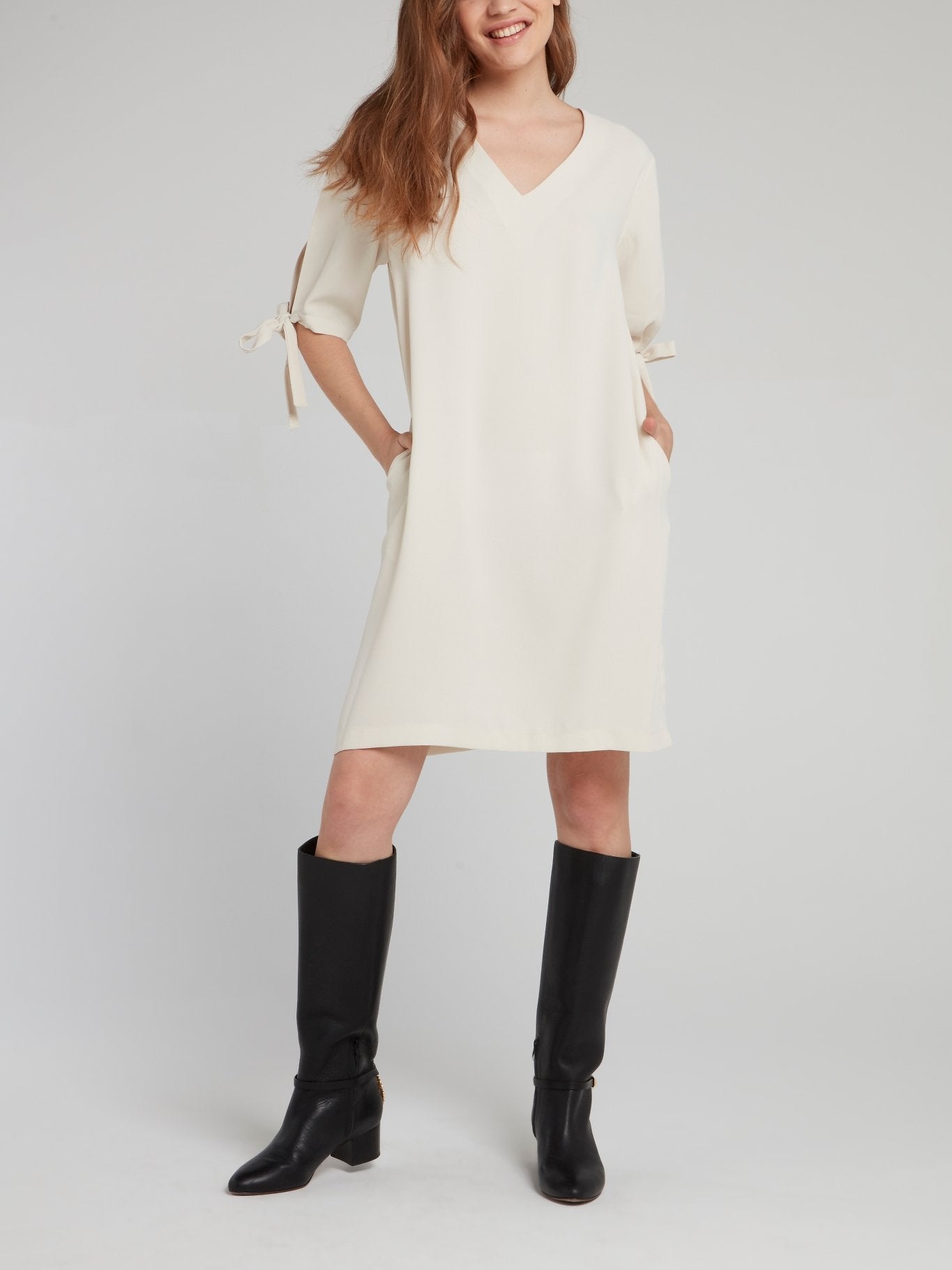 Beige Tie Sleeve Shift Dress