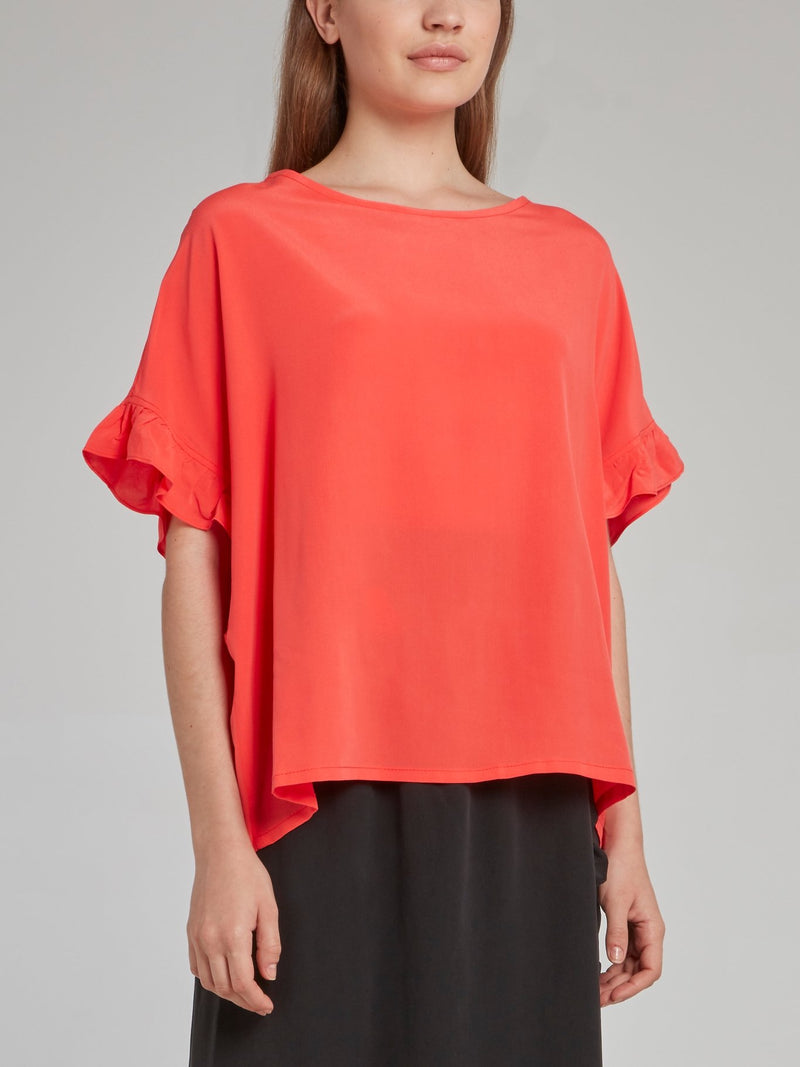 Coral Frill Sleeve Silk Top
