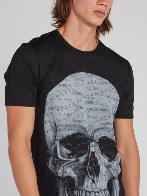 Black Monogram Print Skull T-Shirt
