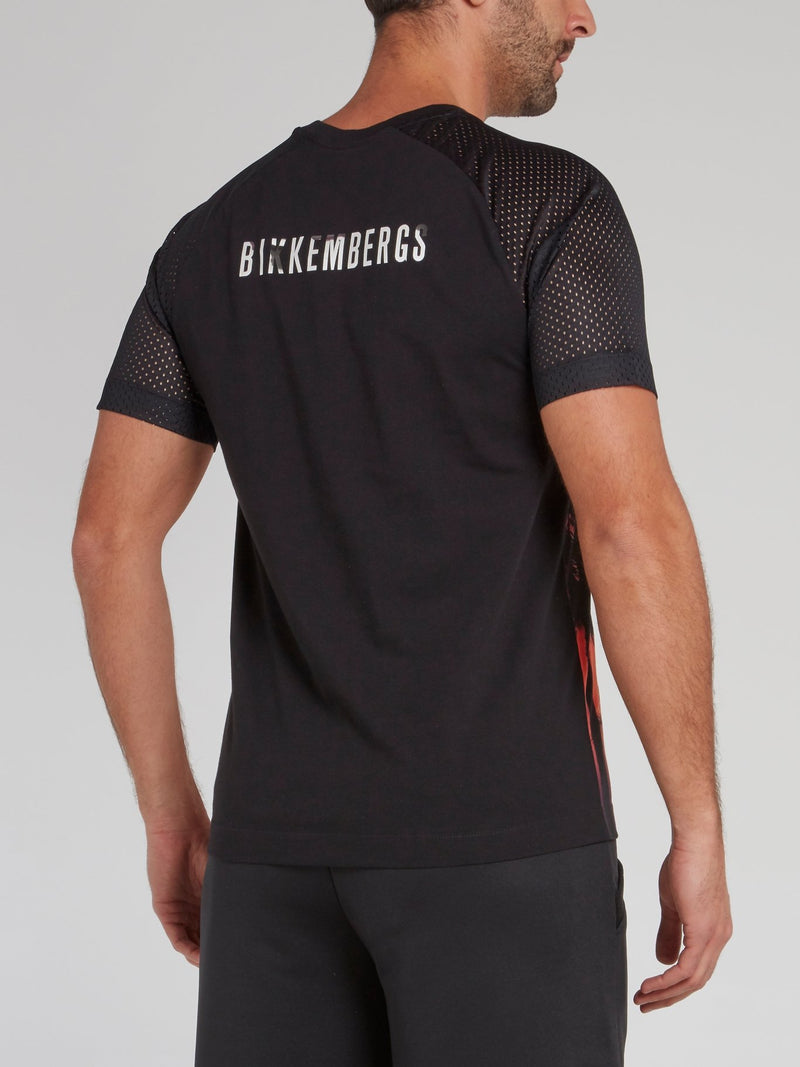 Black Perforated Sleeve Printed T-Shirt