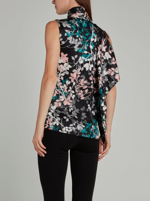 Black Leaf Print Asymmetric Top