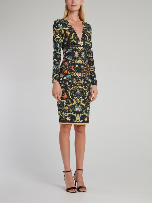 Floral Baroque Print Plunge Dress