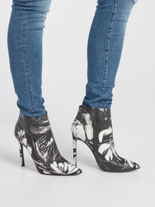 Black Floral Paint Leather Ankle Boots