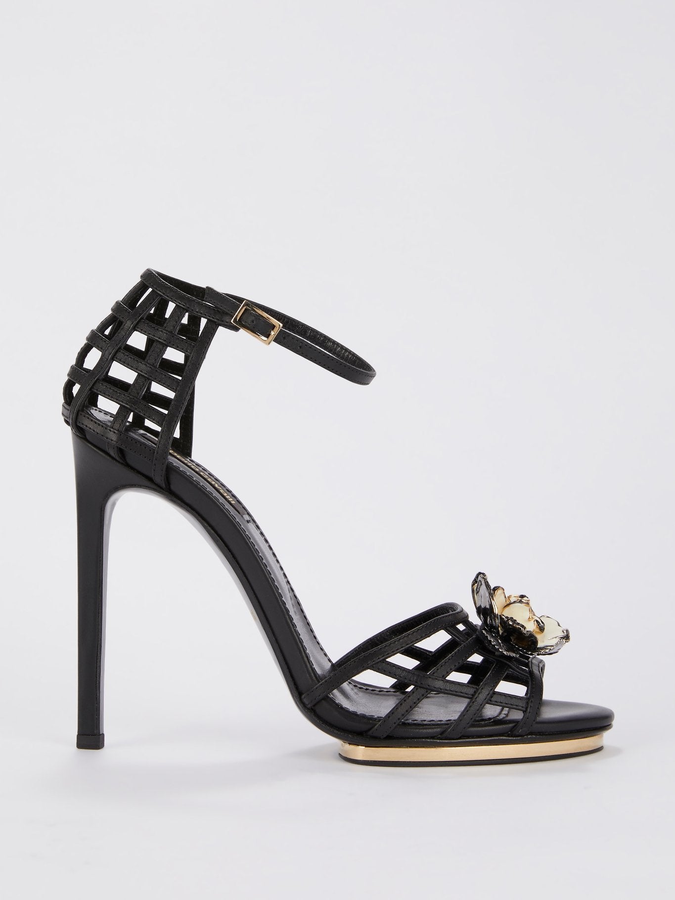 Black Flower Embellished Cage Sandals