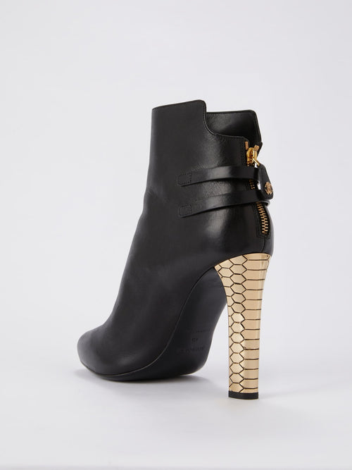 Black with Gold Heel Leather Ankle Boots