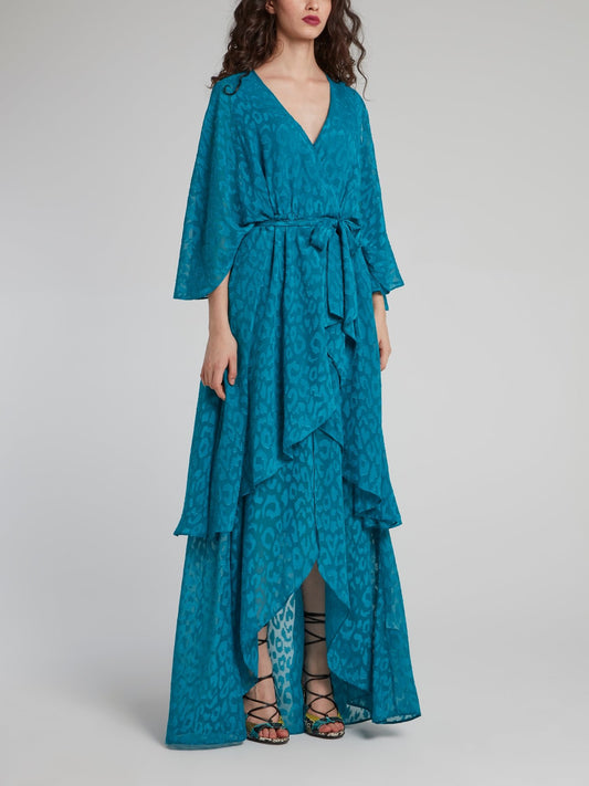 Blue Leopard Print High-Low Maxi Dress