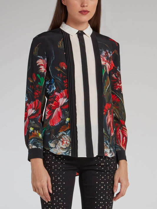 Painted Floral Print Pleat Panel Shirt